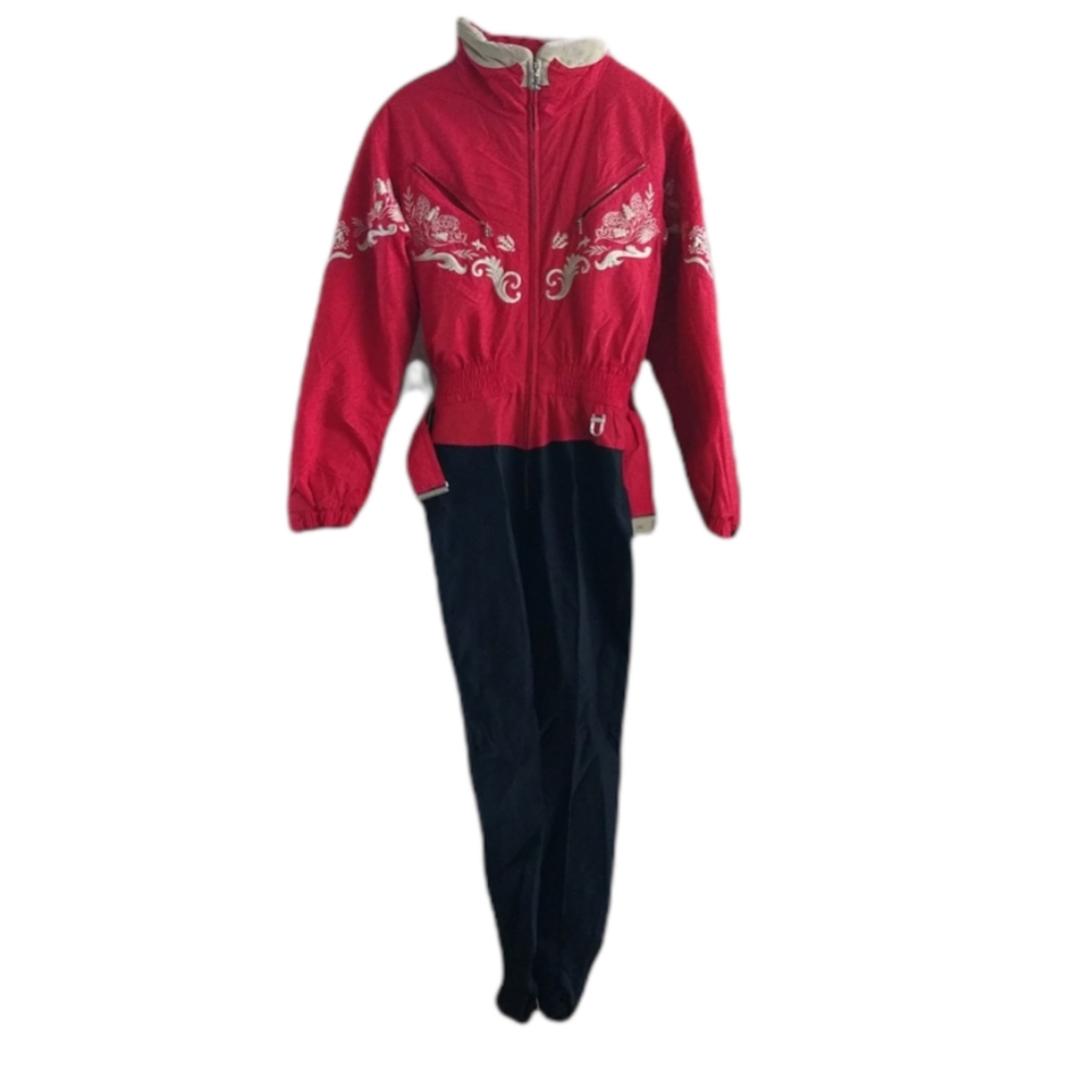 Bogner vintage red embroidered elastic waist tactel snowsuit